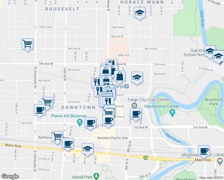 map of restaurants, bars, coffee shops, grocery stores, and more near 411 Broadway North in Fargo