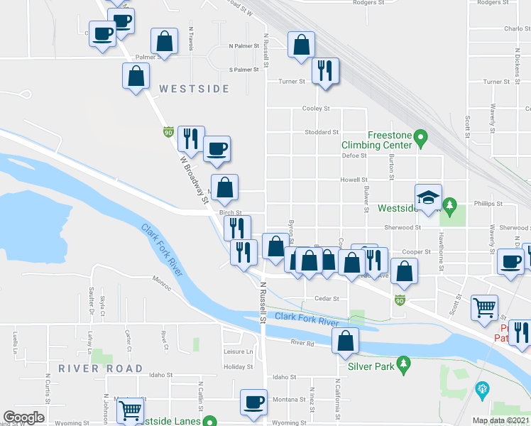 map of restaurants, bars, coffee shops, grocery stores, and more near N Russell St & Birch St in Missoula