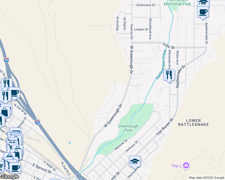 map of restaurants, bars, coffee shops, grocery stores, and more near 1815 Elison Ln in Missoula