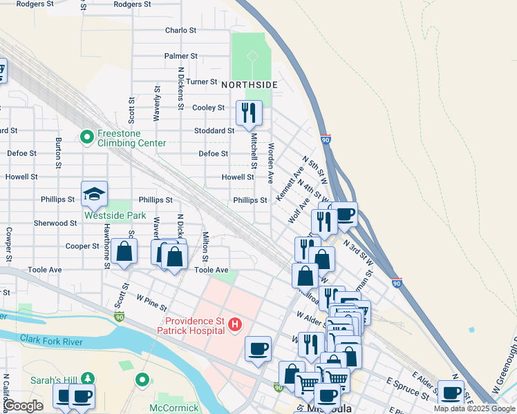 map of restaurants, bars, coffee shops, grocery stores, and more near 521 Phillips Street in Missoula