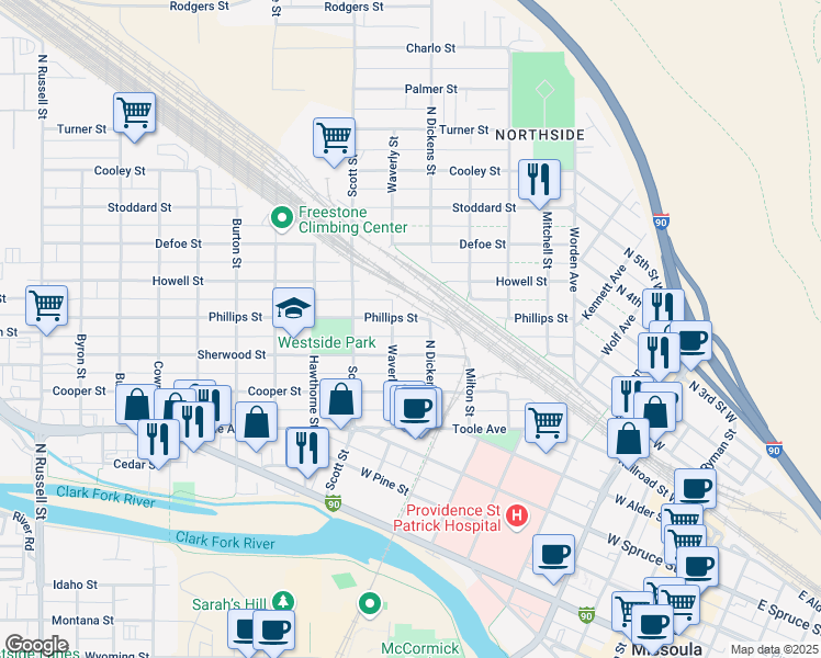 map of restaurants, bars, coffee shops, grocery stores, and more near 1001 Waverly Street in Missoula