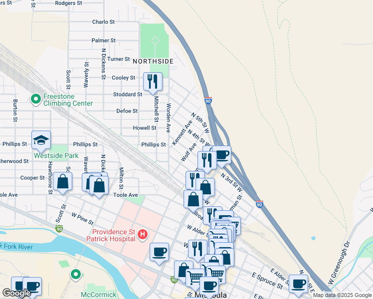map of restaurants, bars, coffee shops, grocery stores, and more near 1021 Wolf Ave in Missoula