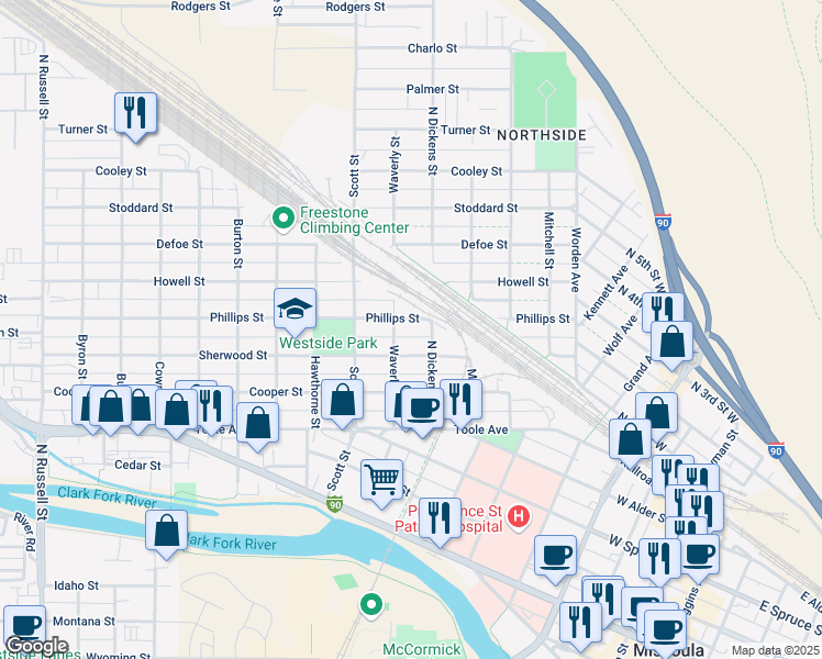 map of restaurants, bars, coffee shops, grocery stores, and more near 1001 Waverly Street in Missoula