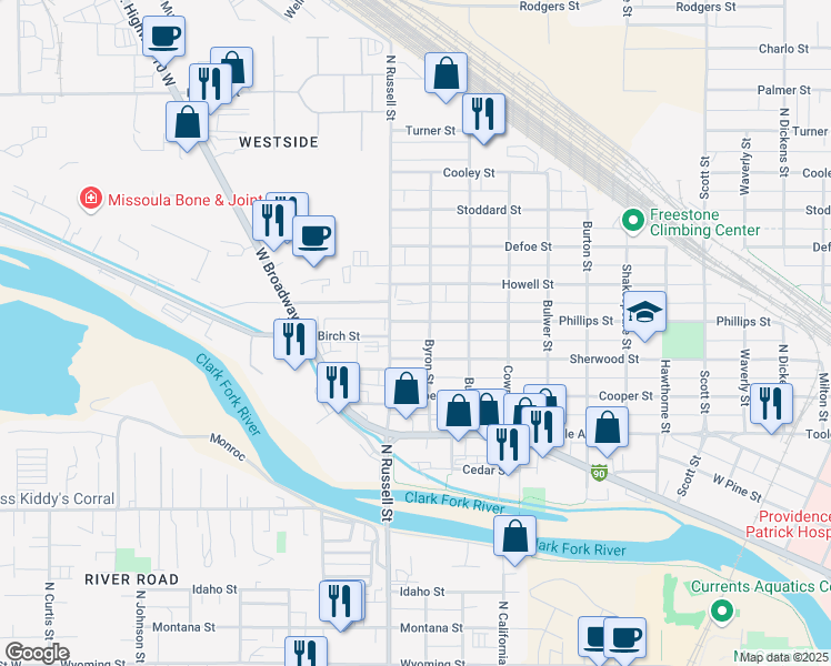 map of restaurants, bars, coffee shops, grocery stores, and more near 1824 Phillips Street in Missoula
