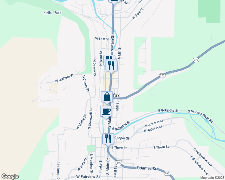 map of restaurants, bars, coffee shops, grocery stores, and more near 102 North Main Street in Colfax