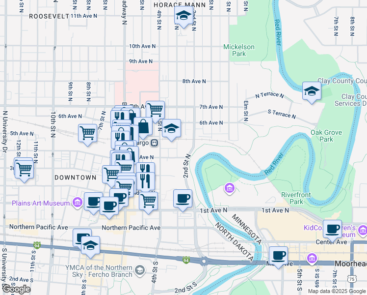map of restaurants, bars, coffee shops, grocery stores, and more near 410 3rd Street North in Fargo