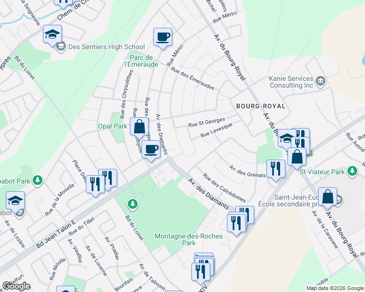 map of restaurants, bars, coffee shops, grocery stores, and more near 869 Rue des Zircons in Québec