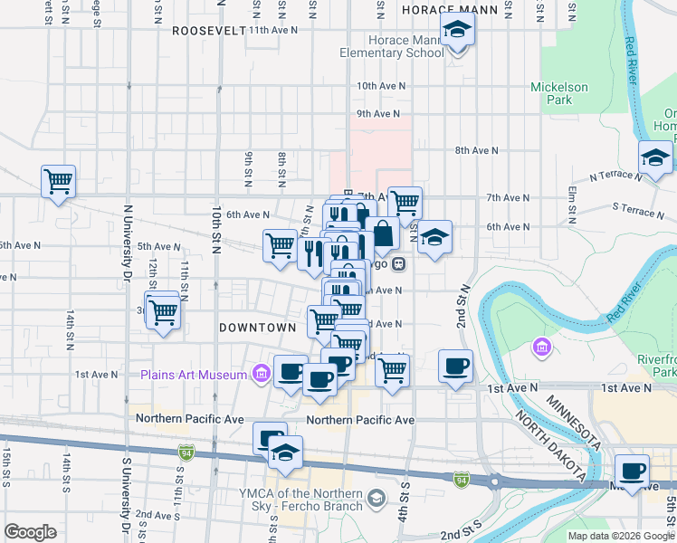map of restaurants, bars, coffee shops, grocery stores, and more near 420 North Broadway Drive in Fargo
