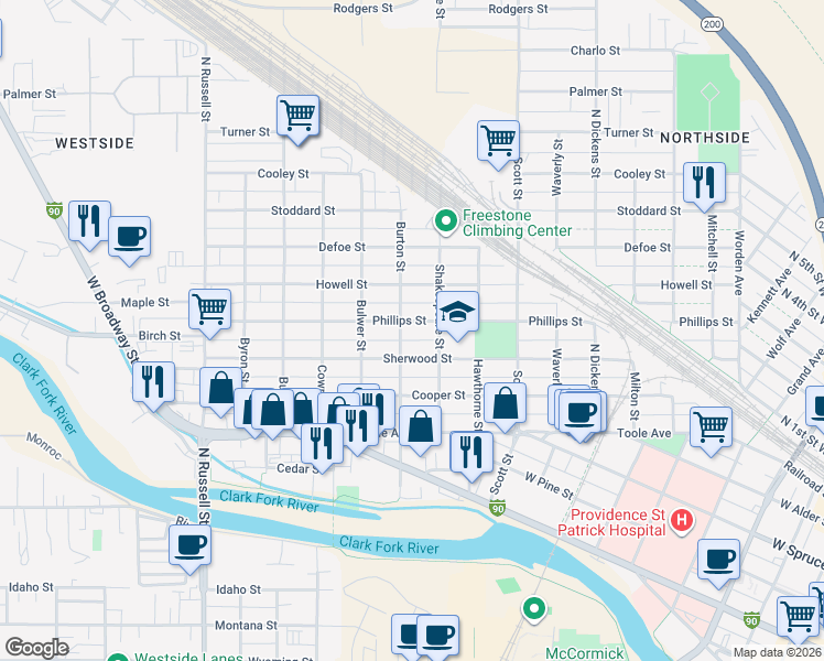 map of restaurants, bars, coffee shops, grocery stores, and more near 1331 Phillips Street in Missoula