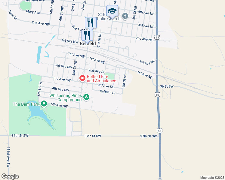 map of restaurants, bars, coffee shops, grocery stores, and more near 401-471 3rd Avenue Southeast in Belfield