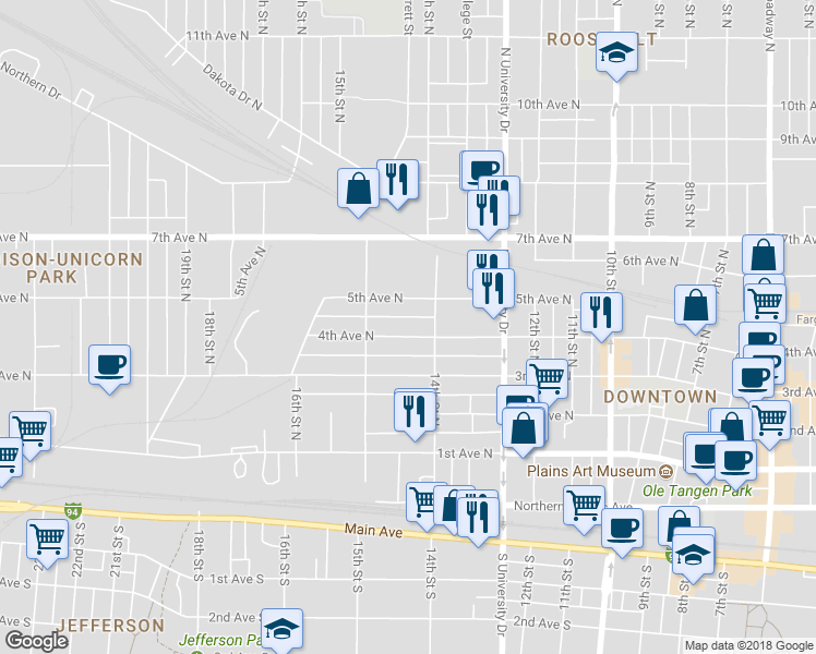 map of restaurants, bars, coffee shops, grocery stores, and more near 1425 4th Avenue North in Fargo