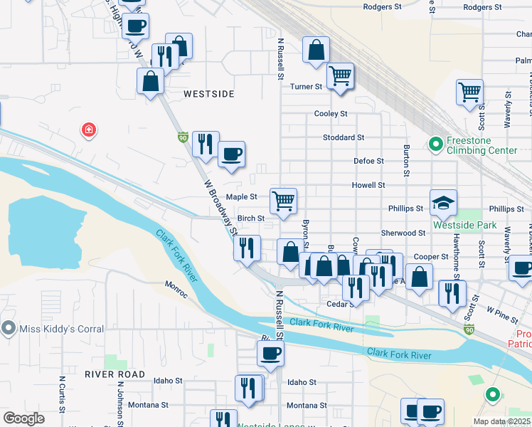 map of restaurants, bars, coffee shops, grocery stores, and more near 1918 Birch Street in Missoula