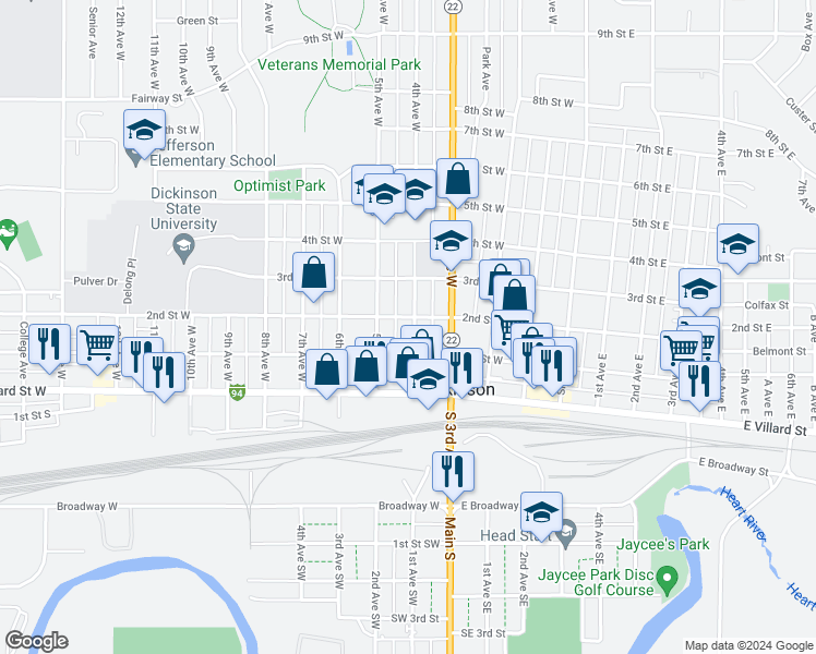 map of restaurants, bars, coffee shops, grocery stores, and more near 137 4th Avenue West in Dickinson