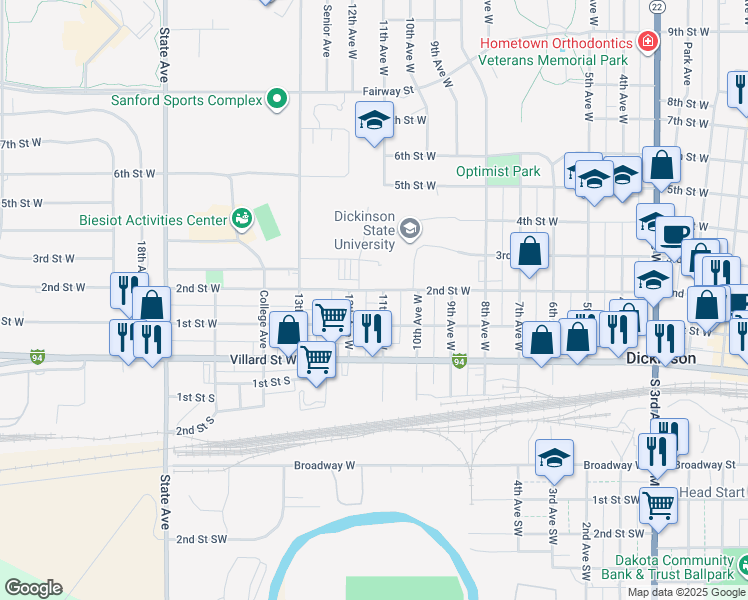 map of restaurants, bars, coffee shops, grocery stores, and more near 1141 2nd Street West in Dickinson