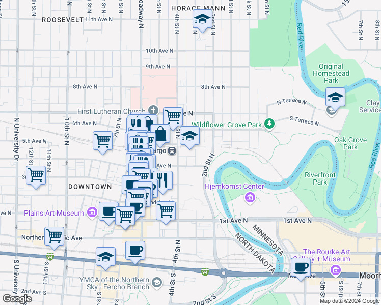 map of restaurants, bars, coffee shops, grocery stores, and more near 415 4th Street North in Fargo