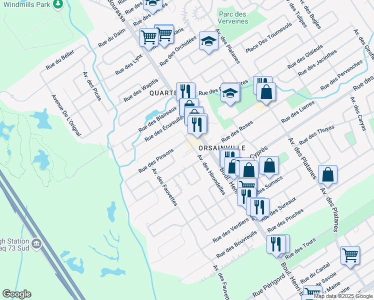 map of restaurants, bars, coffee shops, grocery stores, and more near 5125 Rue des Piverts in Québec
