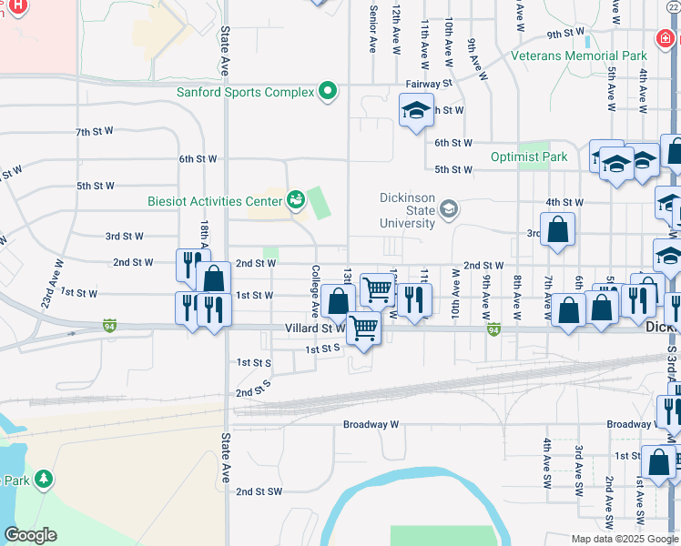 map of restaurants, bars, coffee shops, grocery stores, and more near 3 13th Avenue West in Dickinson