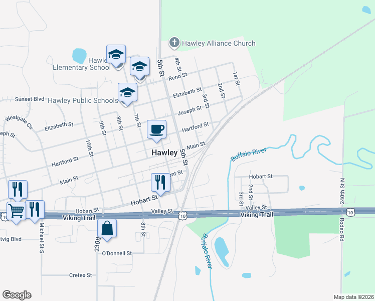 map of restaurants, bars, coffee shops, grocery stores, and more near 415 Main Street in Hawley