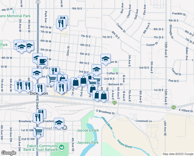 map of restaurants, bars, coffee shops, grocery stores, and more near 350 3rd Street West in Dickinson
