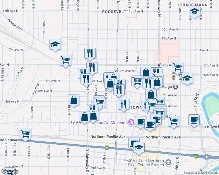 map of restaurants, bars, coffee shops, grocery stores, and more near 1017 4th Avenue North in Fargo