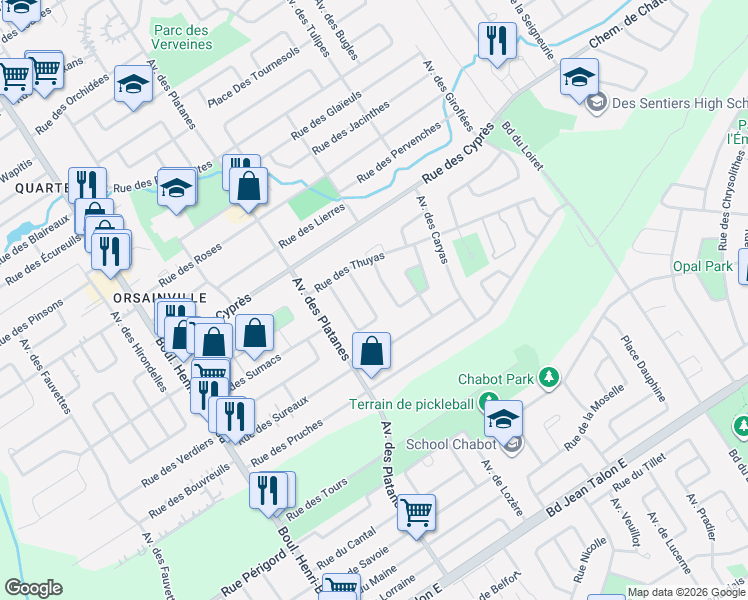 map of restaurants, bars, coffee shops, grocery stores, and more near 3471 Carré des Charmes in Québec