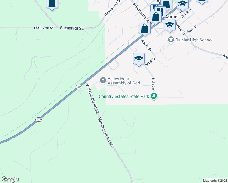 map of restaurants, bars, coffee shops, grocery stores, and more near 224 Country Estates Drive West in Rainier