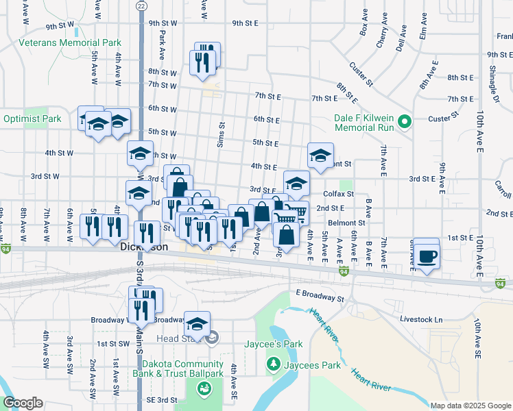 map of restaurants, bars, coffee shops, grocery stores, and more near 211 2nd Avenue East in Dickinson