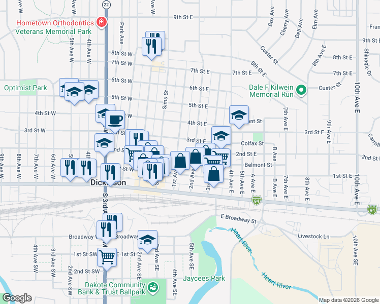 map of restaurants, bars, coffee shops, grocery stores, and more near 213 2nd Avenue East in Dickinson