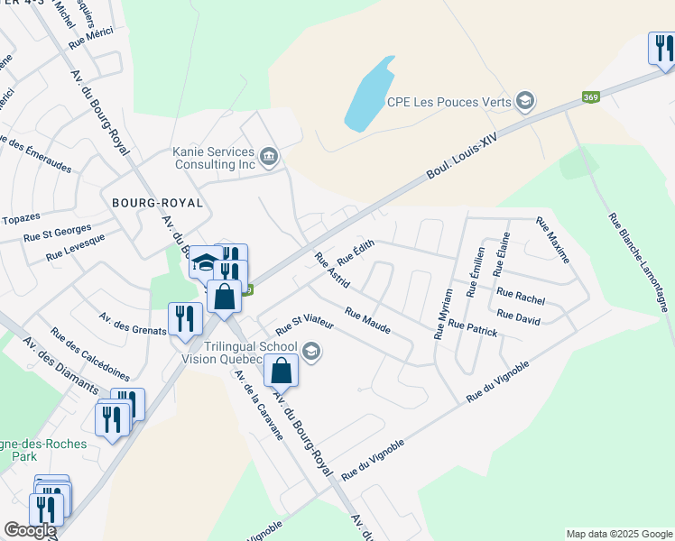 map of restaurants, bars, coffee shops, grocery stores, and more near 740 Rue Astrid in Ville de Québec