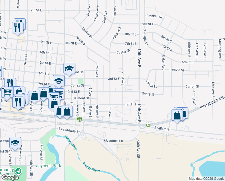 map of restaurants, bars, coffee shops, grocery stores, and more near 835 2nd Street East in Dickinson