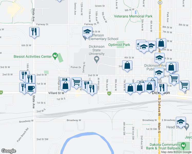 map of restaurants, bars, coffee shops, grocery stores, and more near 145 10th Avenue West in Dickinson