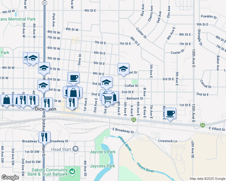 map of restaurants, bars, coffee shops, grocery stores, and more near 350-398 E 3rd St in Dickinson