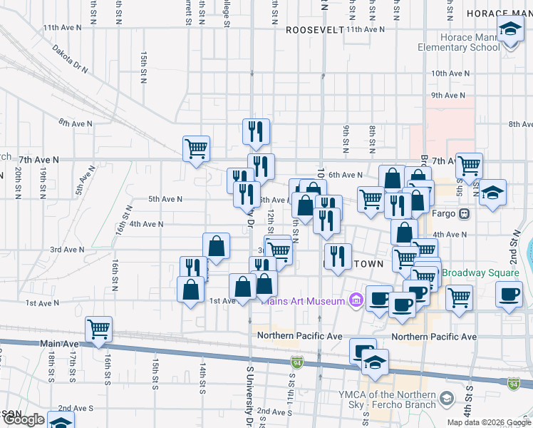map of restaurants, bars, coffee shops, grocery stores, and more near 17 North University Drive in Fargo