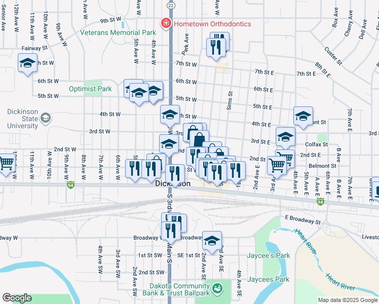 map of restaurants, bars, coffee shops, grocery stores, and more near 201 2nd Street West in Dickinson
