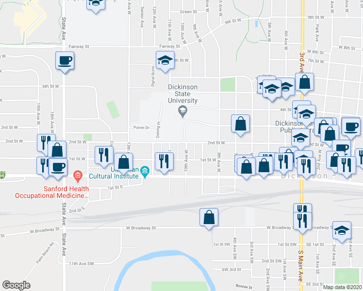 map of restaurants, bars, coffee shops, grocery stores, and more near 140 South 11th Avenue West in Dickinson