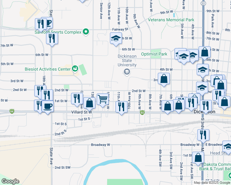 map of restaurants, bars, coffee shops, grocery stores, and more near 1141 2nd Street West in Dickinson