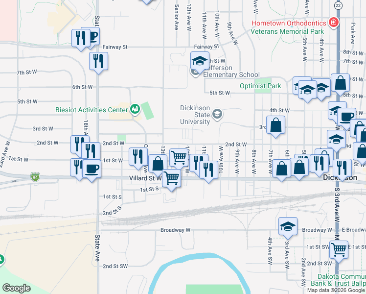 map of restaurants, bars, coffee shops, grocery stores, and more near 1233 2nd Street West in Dickinson