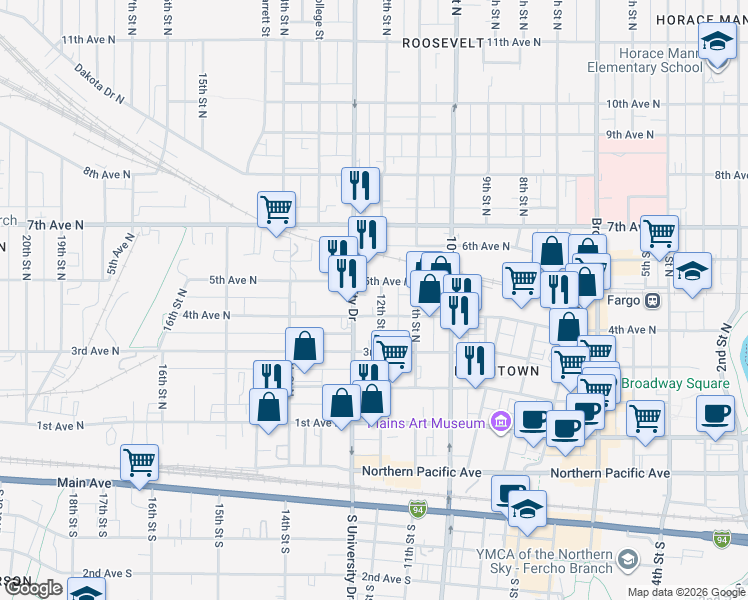 map of restaurants, bars, coffee shops, grocery stores, and more near 17 North University Drive in Fargo