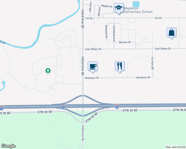 map of restaurants, bars, coffee shops, grocery stores, and more near 590 Knutson Street in Mapleton