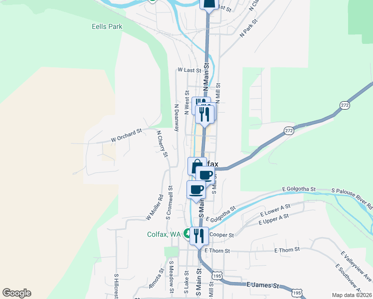 map of restaurants, bars, coffee shops, grocery stores, and more near 101 North West Street in Colfax
