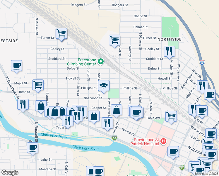 map of restaurants, bars, coffee shops, grocery stores, and more near 1001 Hawthorne Street in Missoula