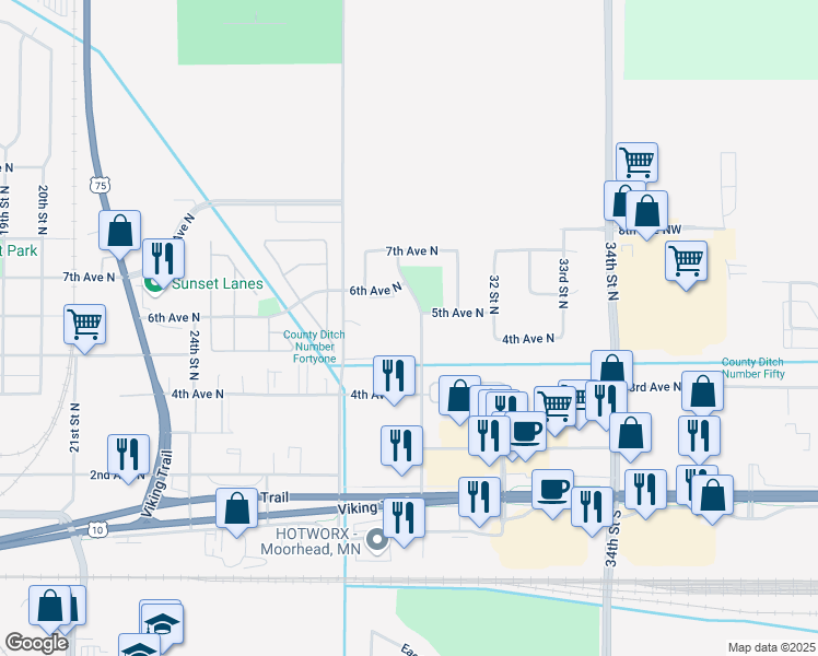 map of restaurants, bars, coffee shops, grocery stores, and more near 503 30th St N in Moorhead