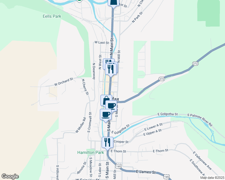 map of restaurants, bars, coffee shops, grocery stores, and more near 102 North Main Street in Colfax
