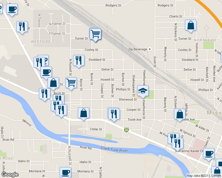 map of restaurants, bars, coffee shops, grocery stores, and more near 1438 Phillips St in Missoula
