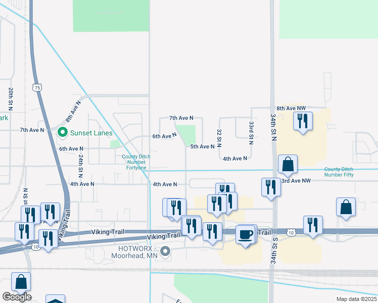 map of restaurants, bars, coffee shops, grocery stores, and more near 503 30th Street North in Moorhead