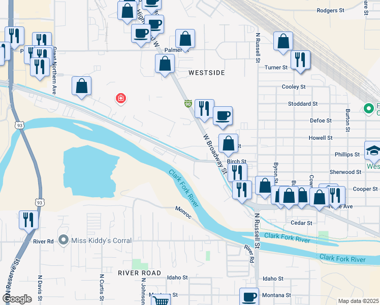 map of restaurants, bars, coffee shops, grocery stores, and more near 2036 Mullan Road in Missoula