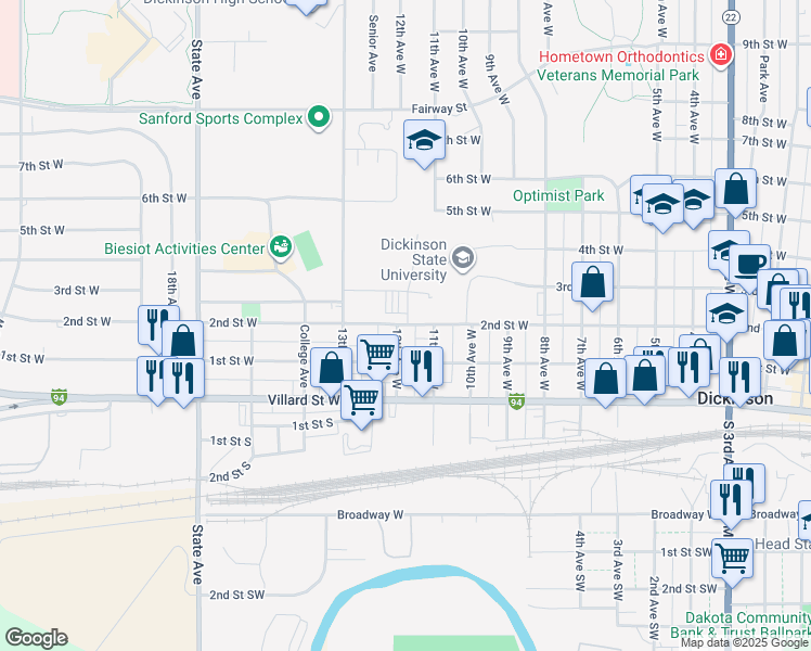 map of restaurants, bars, coffee shops, grocery stores, and more near 1141 2nd Street West in Dickinson