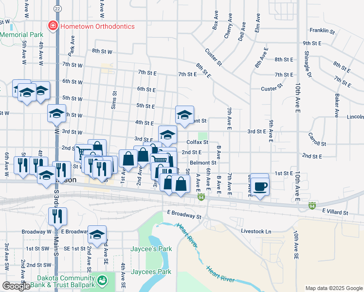 map of restaurants, bars, coffee shops, grocery stores, and more near 417 2nd Street East in Dickinson