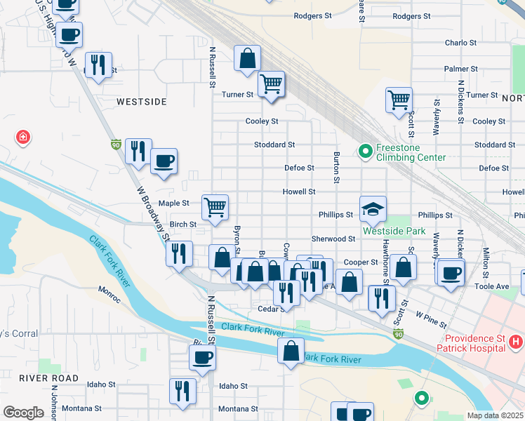 map of restaurants, bars, coffee shops, grocery stores, and more near 1639 Phillips Street in Missoula