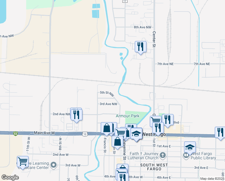 map of restaurants, bars, coffee shops, grocery stores, and more near 515 4th Avenue Northwest in West Fargo